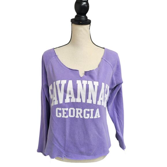 Vtg Y2K Savannah GA Cropped Sweatshirt Size Medium Purple Raw Hems Preppy Grunge - Picture 1 of 7